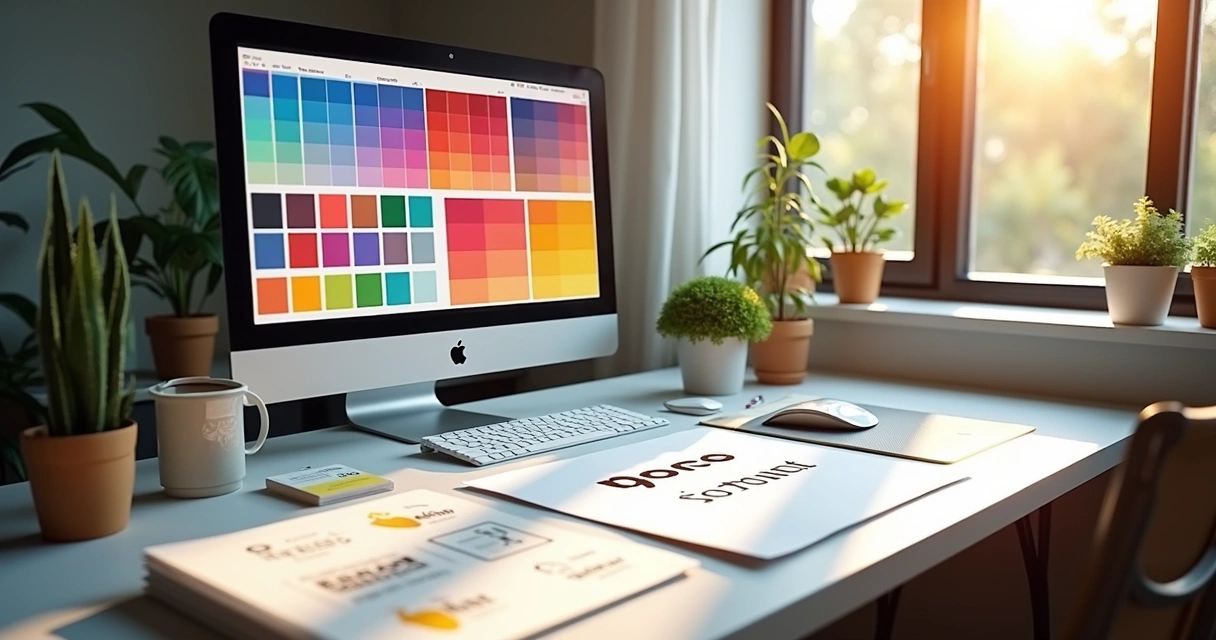 Paleta de cores, tipografia e logo lado a lado