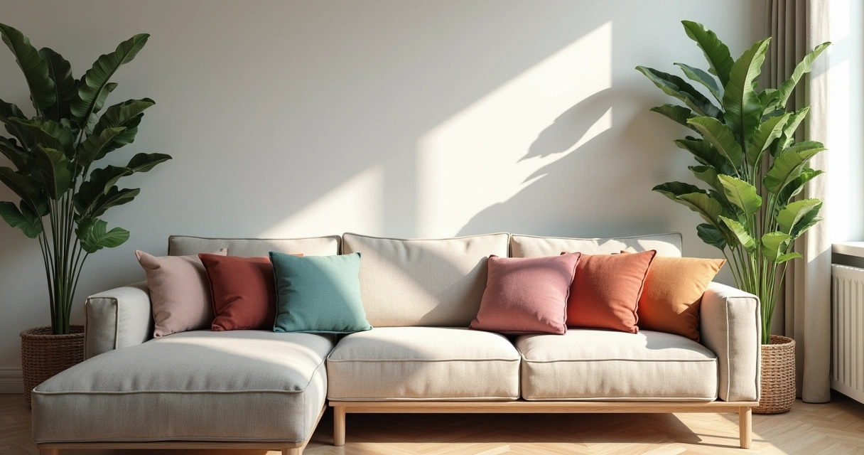 Sala de estar decorada com tons suaves, almofadas coloridas e plantas 