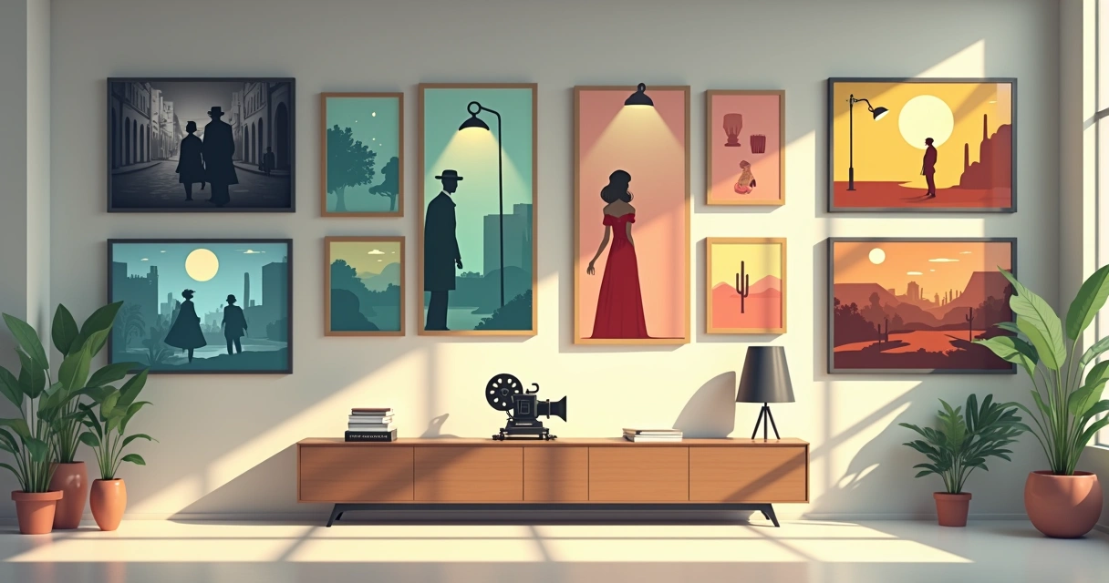 Painel com cenas de filmes clássicos em preto e branco e tecnicolor contrastando estilos de fotografia e cor 