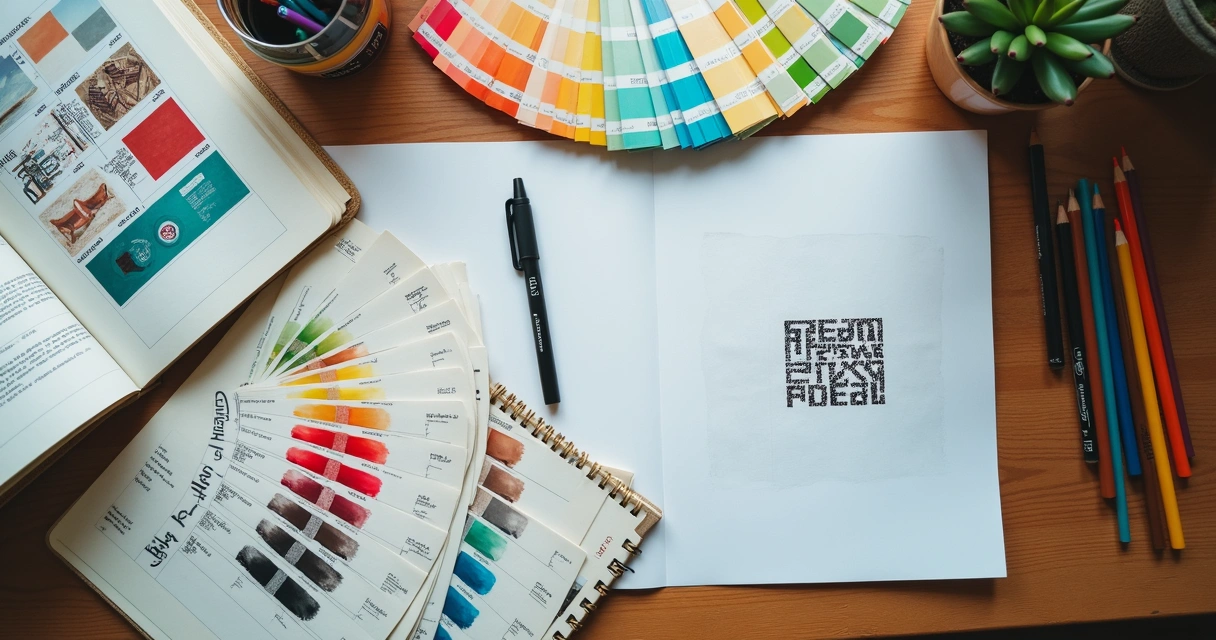 Paleta de cores e exemplos de tipografia alinhados em uma mesa 