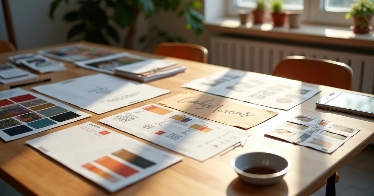 Paleta de cores, logotipos, fontes e fotografias organizados em quadro visual 