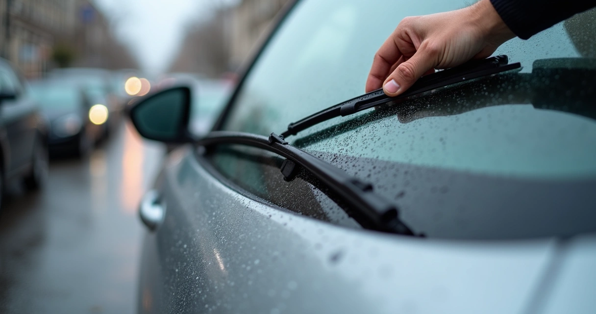 Mão trocando palheta do limpador de para-brisa em carro prata em dia chuvoso 