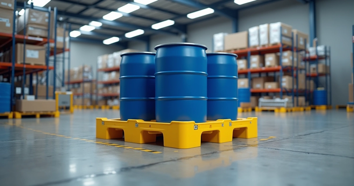 Pallet de contenção amarelo organizado com tambores em armazém industrial limpo 