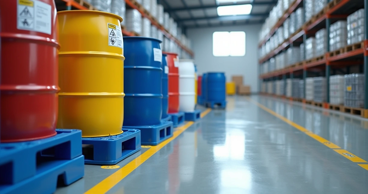Pallets plásticos com tambores químicos coloridos alinhados em armazém industrial organizado 