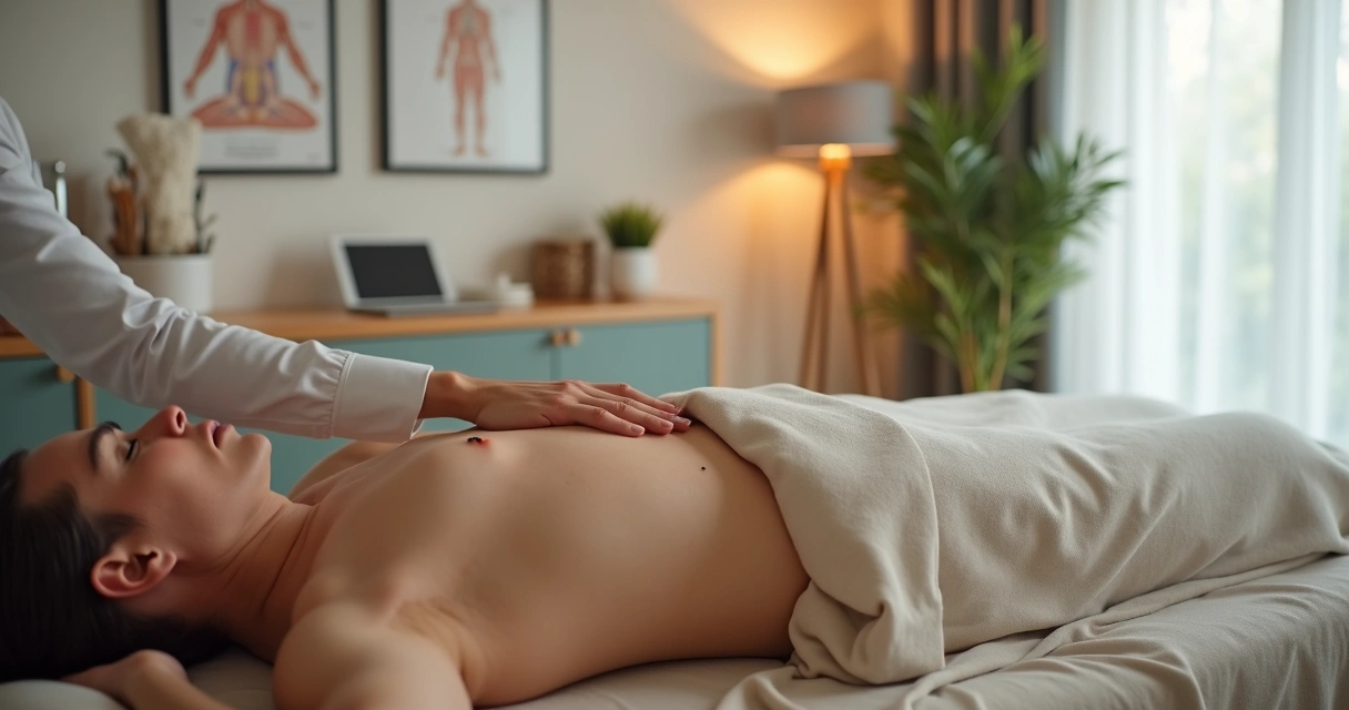 Acupunturista realizando palpação abdominal delicada em paciente deitado em maca clínica 