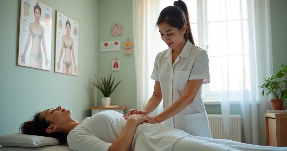 Profissional de acupuntura realizando palpação abdominal em paciente deitada 