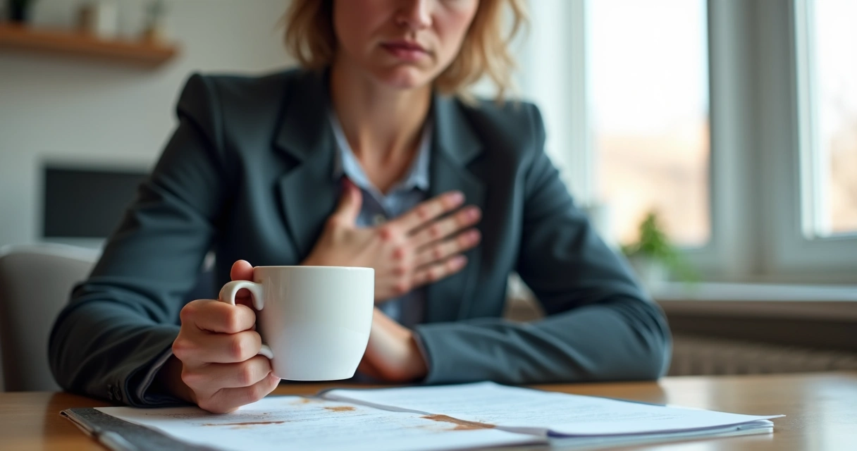 Pessoa sentada segurando xícara de café com expressão ansiosa olhando para o peito 