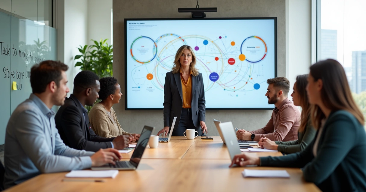 Pamela Slim em sessão de mentoria com empreendedores em ambiente moderno de negócios 