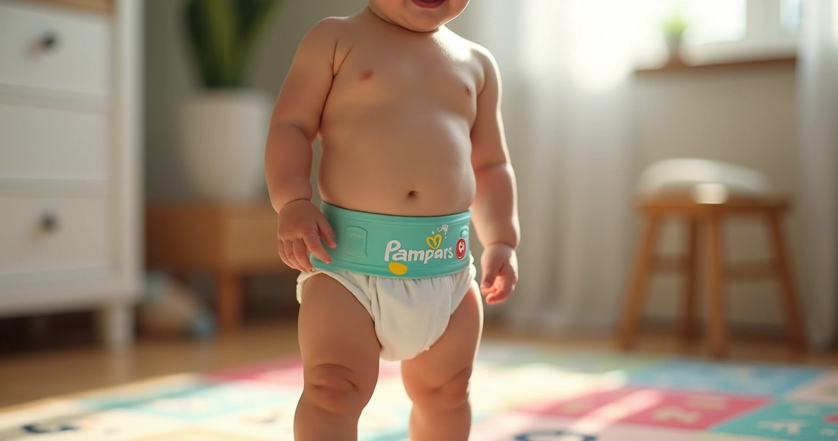Bebê em pé usando fralda tipo short Pampers Pants 