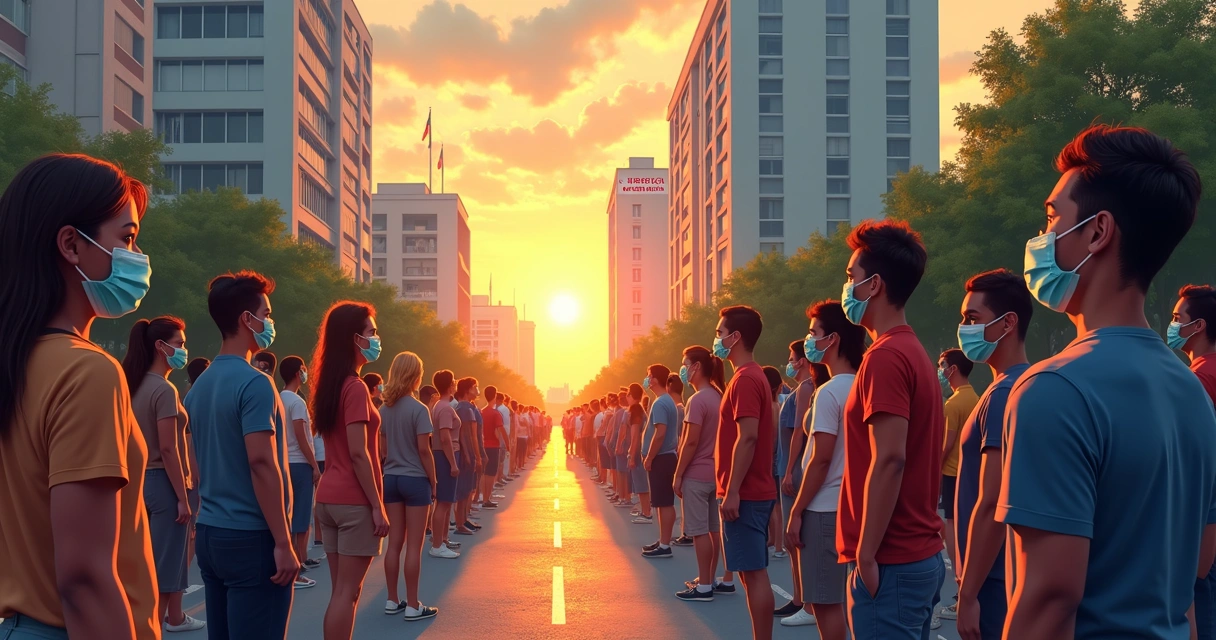 Ilustração mostra pessoas lado a lado, divididas com máscaras e sem máscaras, refletindo a divisão durante a pandemia no Brasil