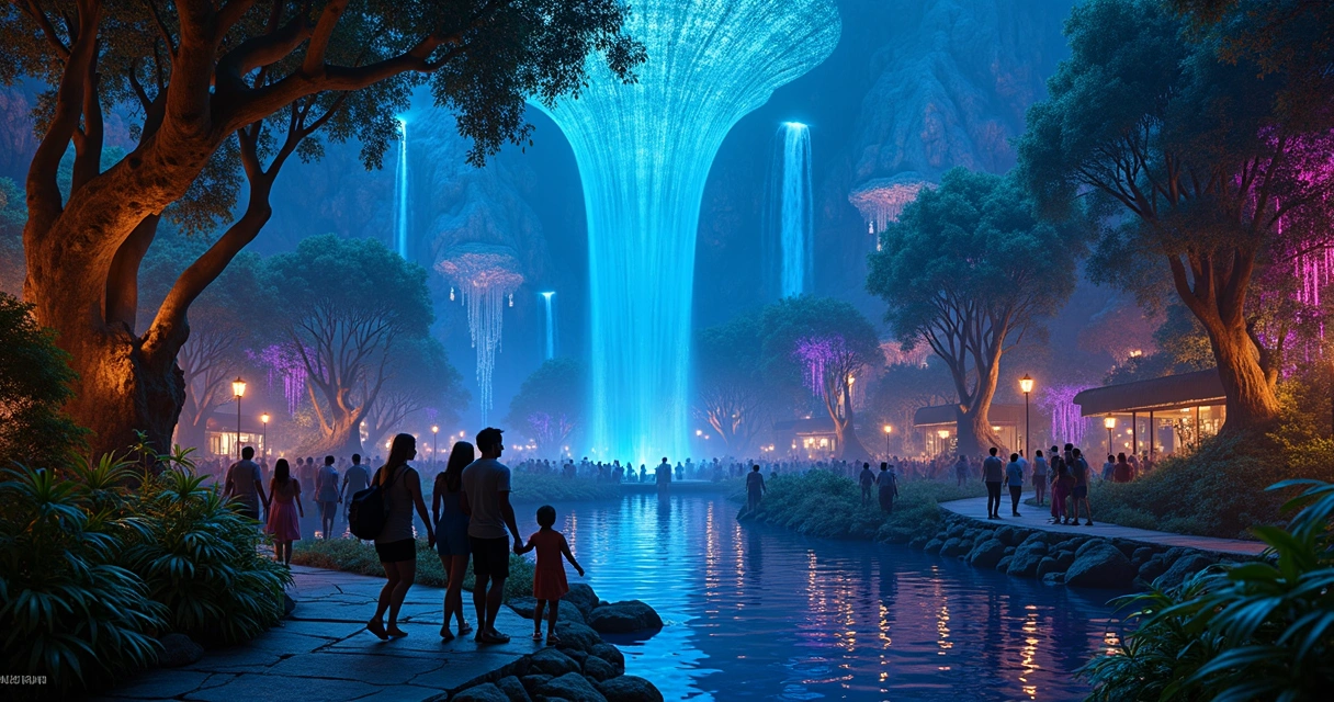 Pandora iluminado à noite com luzes coloridas e vegetação exótica 