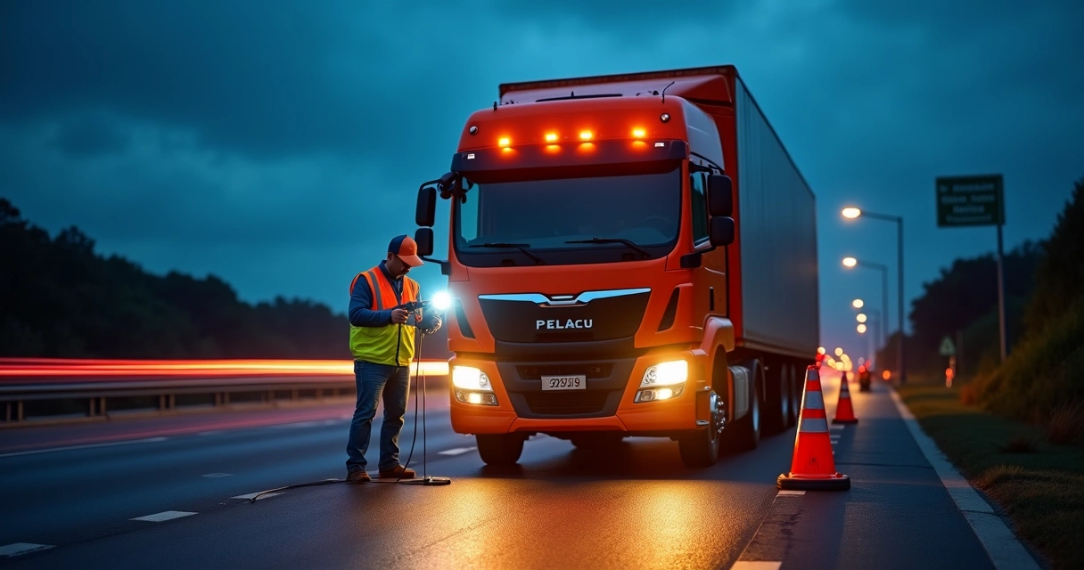 Caminhoneiro verificando pane elétrica em caminhão parado à noite no acostamento 