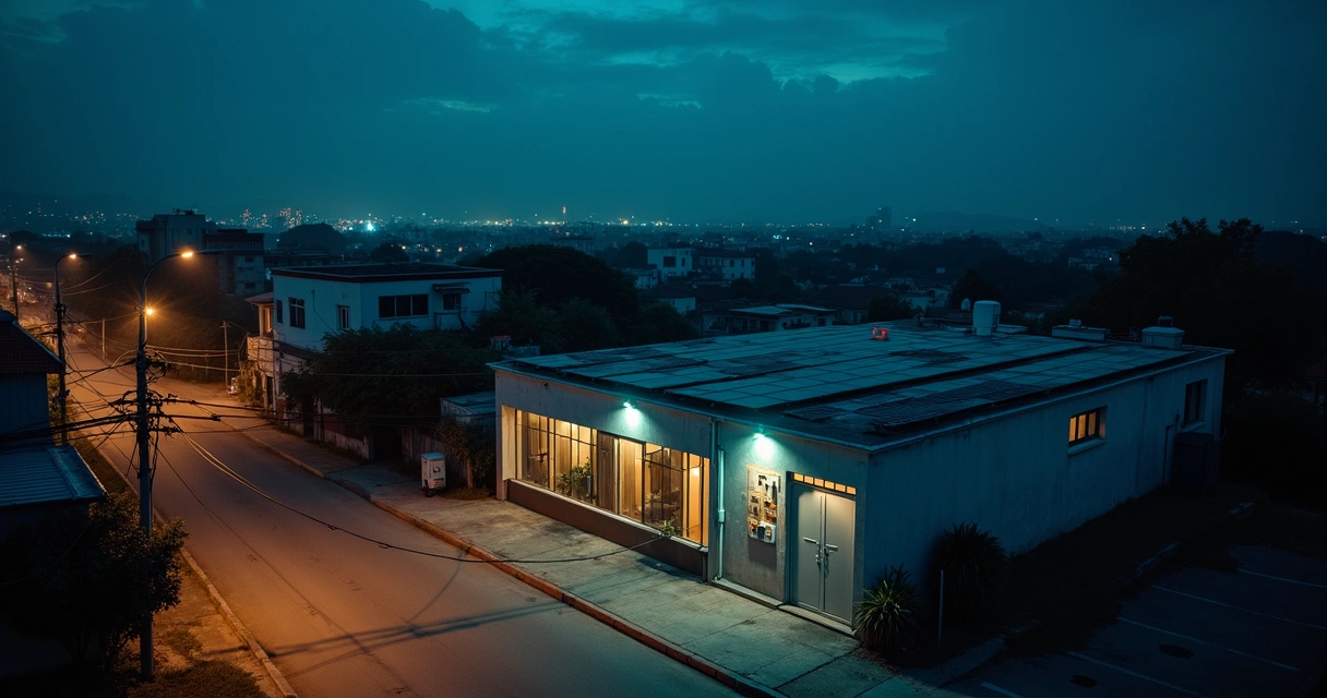 Bairro com queda de energia e prédio iluminado por usina solar no telhado 