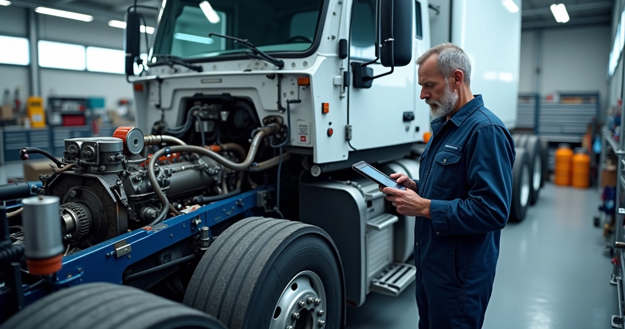 Mecânico inspecionando sistema hidráulico de caminhão pesado em oficina 