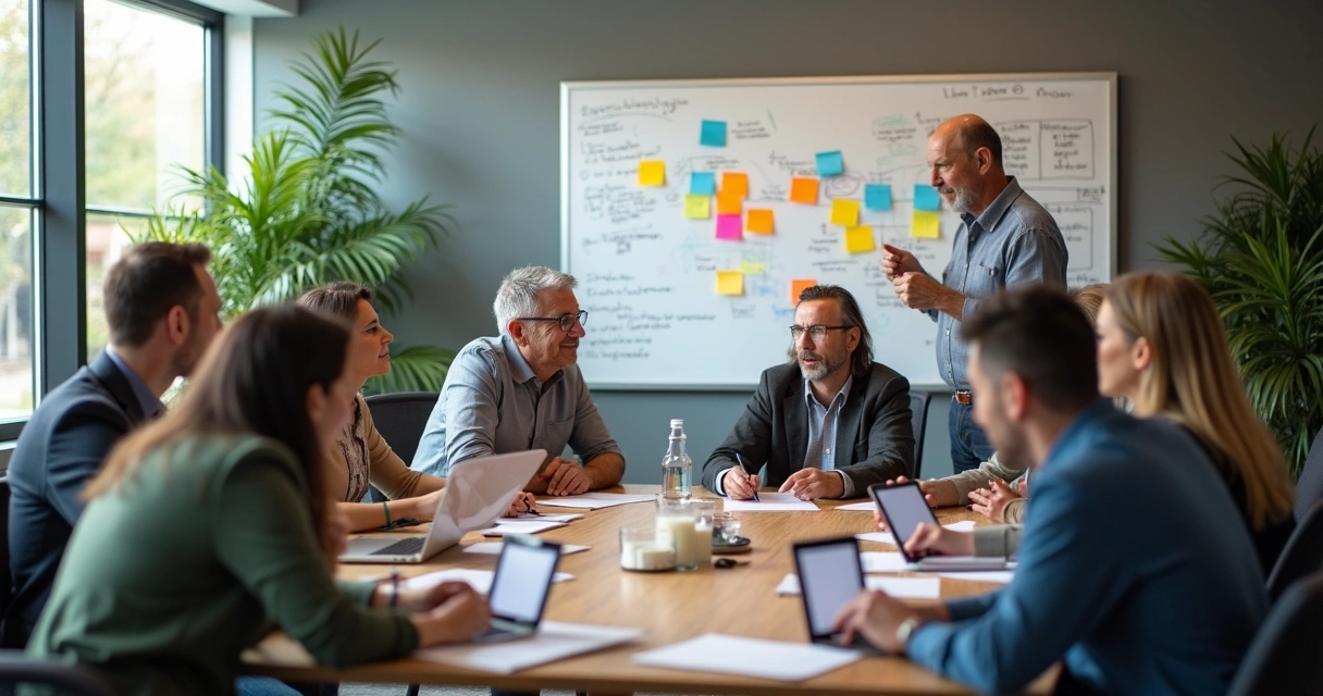 Personas en una mesa redonda discutiendo métricas humanas con pizarras y notas de colores 