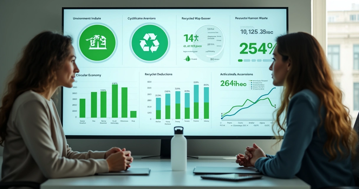 Pantalla con gráficos ambientales y materiales reciclados en una oficina