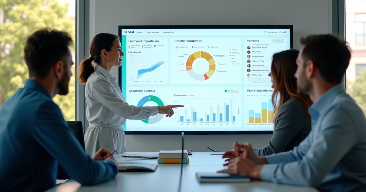 Panel de indicadores emocionales con equipo revisando datos en oficina 
