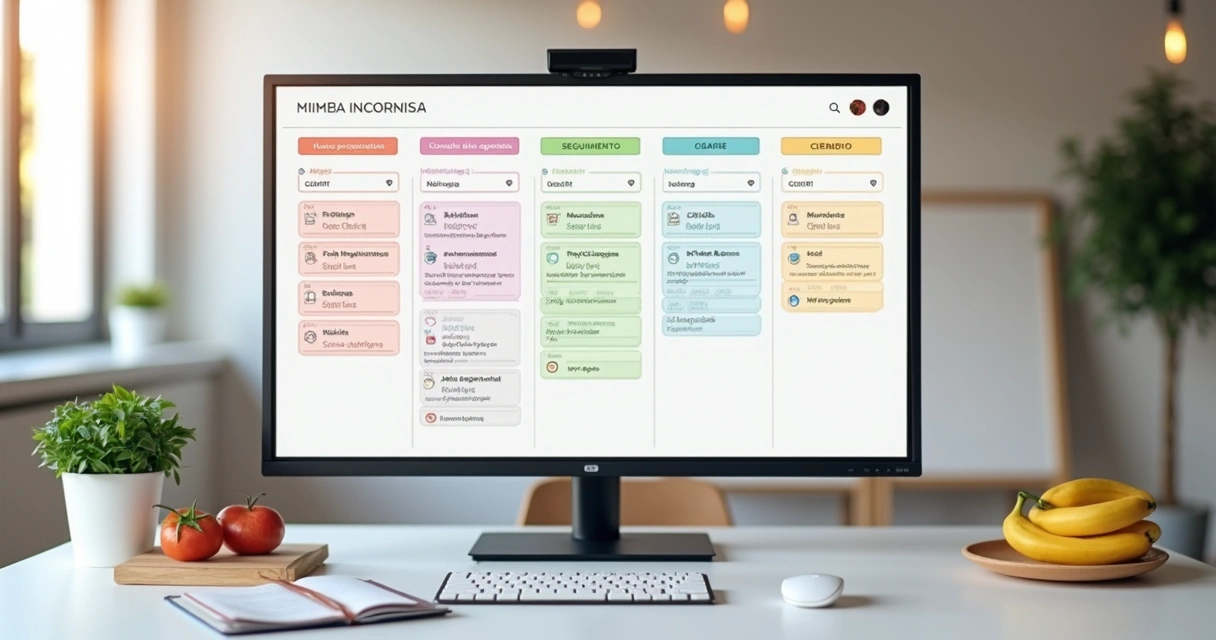Panel digital de Kanban para nutricionistas con diferentes columnas y fichas de pacientes