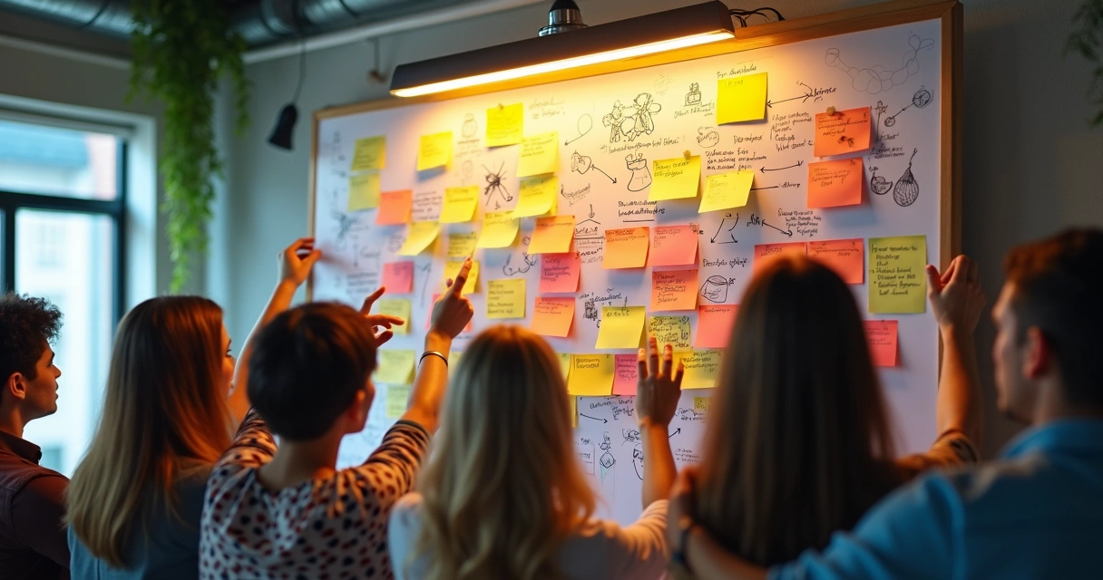 Panel visual con notas adhesivas de diferentes colores mostrando ideas y patrones 