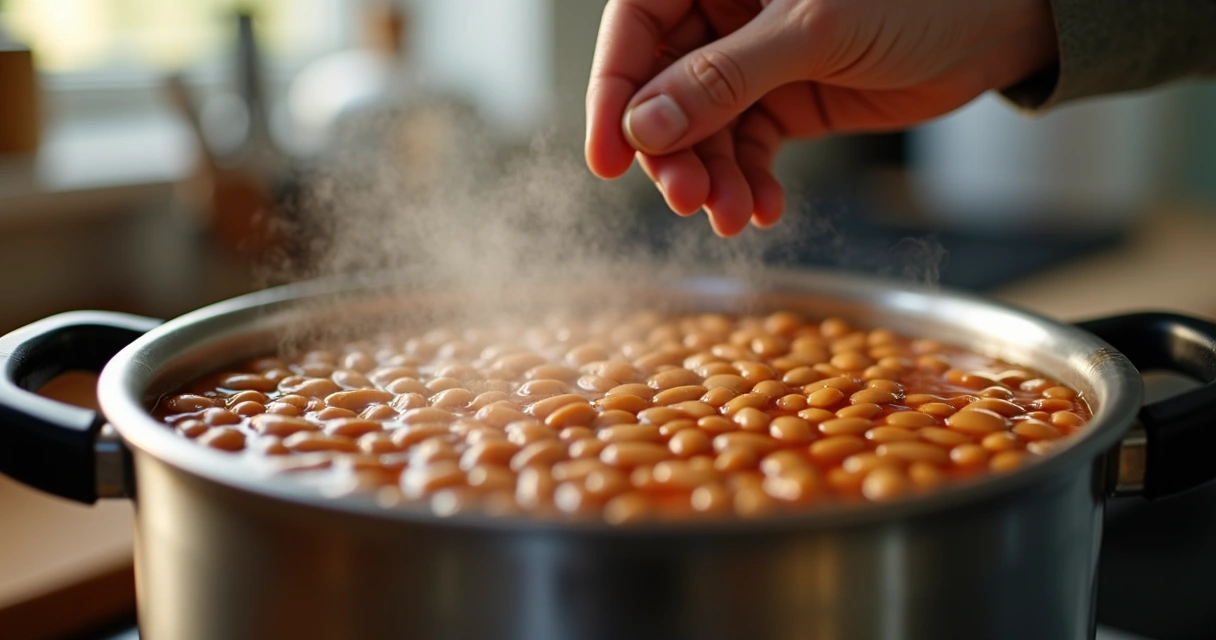 Feijão sendo cozido dentro de uma panela de pressão com vapor saindo. 