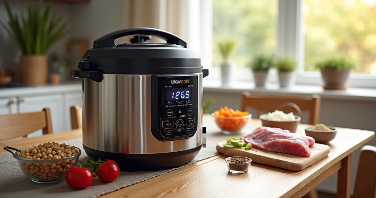 Panela de pressão elétrica em mesa posta com diversos ingredientes ao redor 
