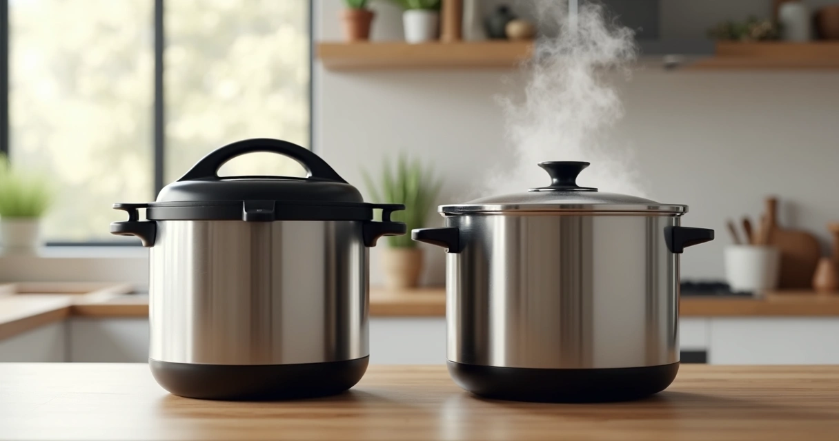 Panela de pressão elétrica e tradicional lado a lado em uma superfície de cozinha 