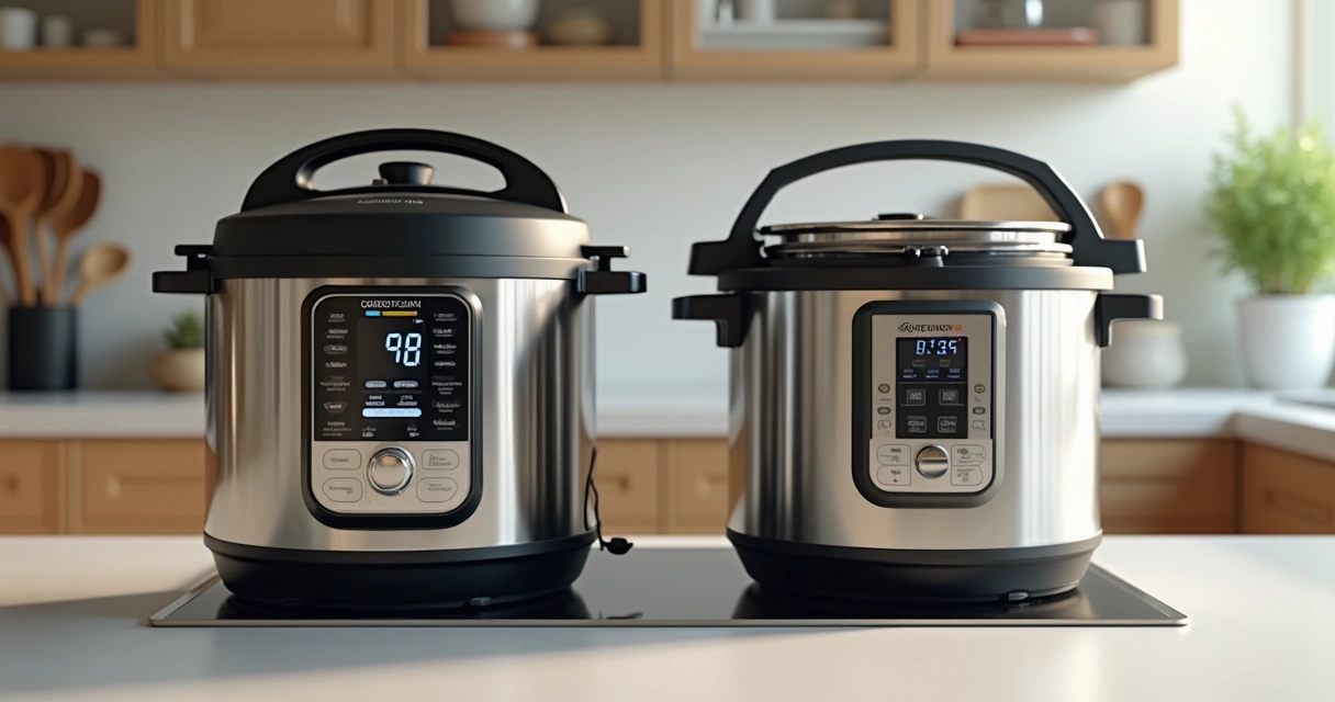 Duas panelas de pressão, uma elétrica e uma tradicional, lado a lado em uma cozinha moderna. 