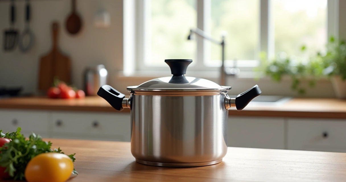 Panela de pressão Tramontina Vancouver sobre uma mesa de madeira, mostrando detalhes do corpo em alumínio, cabo preto e tampa com trava de segurança. 