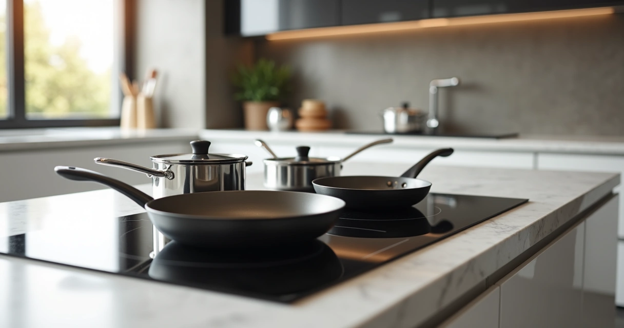 Panelas sobre cooktop de indução em cozinha moderna 