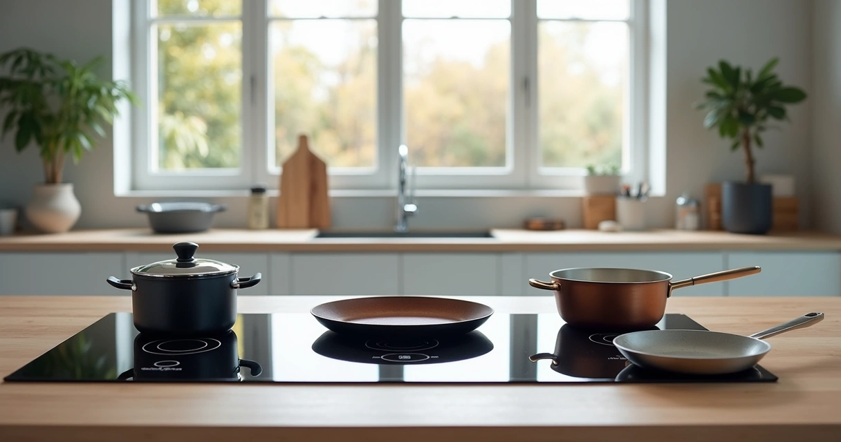Várias panelas organizadas sobre mesas diferentes simulando tipos de cooktop distintos 
