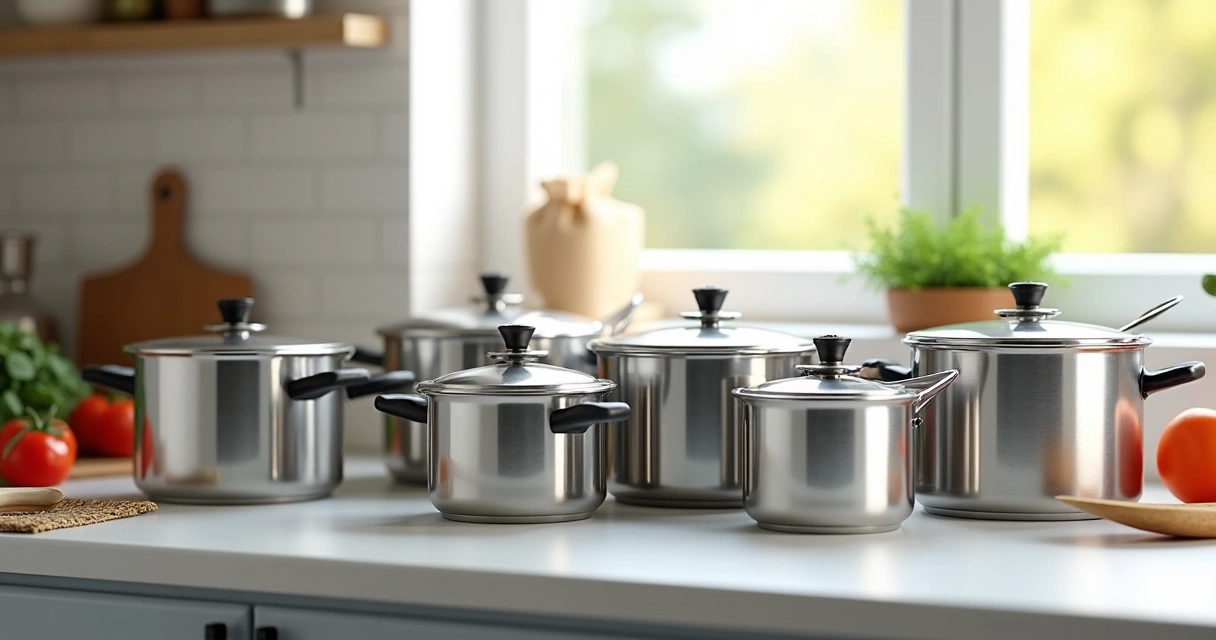 Várias panelas de pressão de diferentes marcas lado a lado em bancada de cozinha moderna, com destaque para detalhes das tampas e válvulas. 