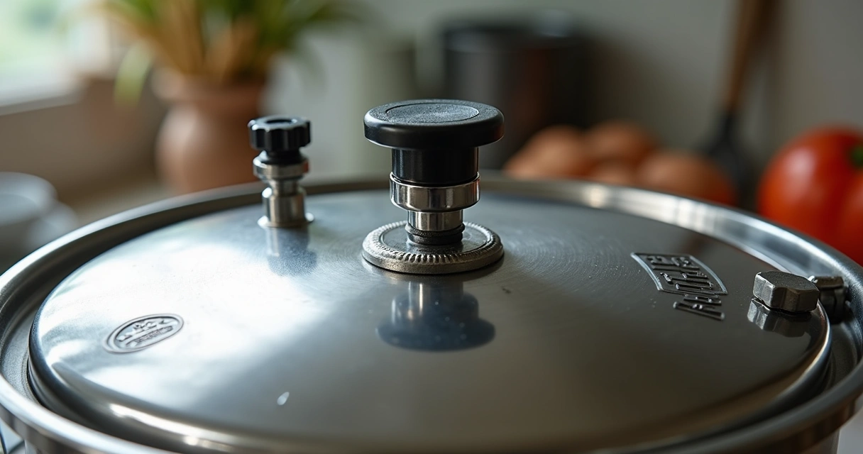 Tampa de panela de pressão mostrando válvulas e selo de segurança 