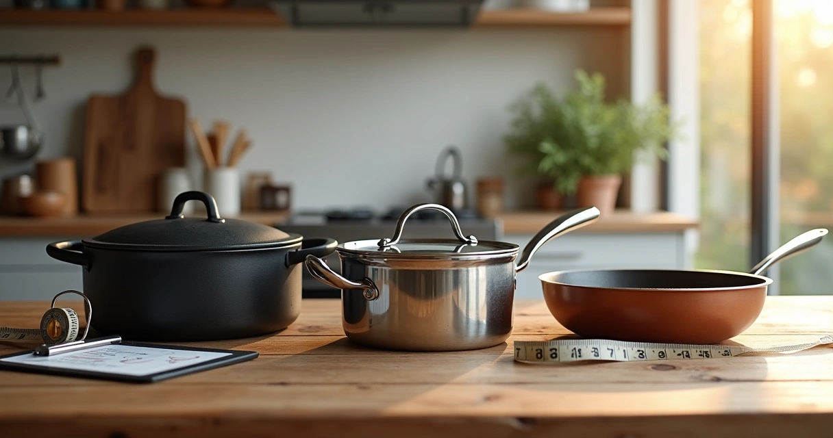 Conjunto de panelas resistentes organizado sobre mesa de madeira 