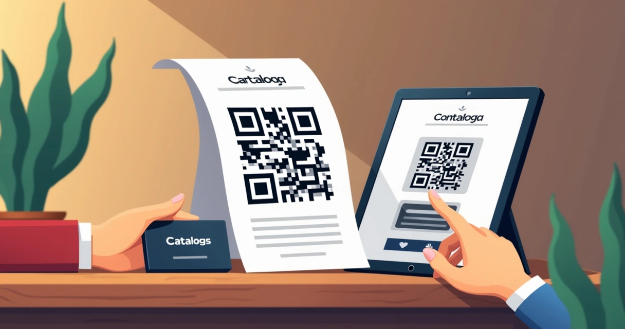 Cartão de visita e panfleto com QR code levando ao catálogo digital 