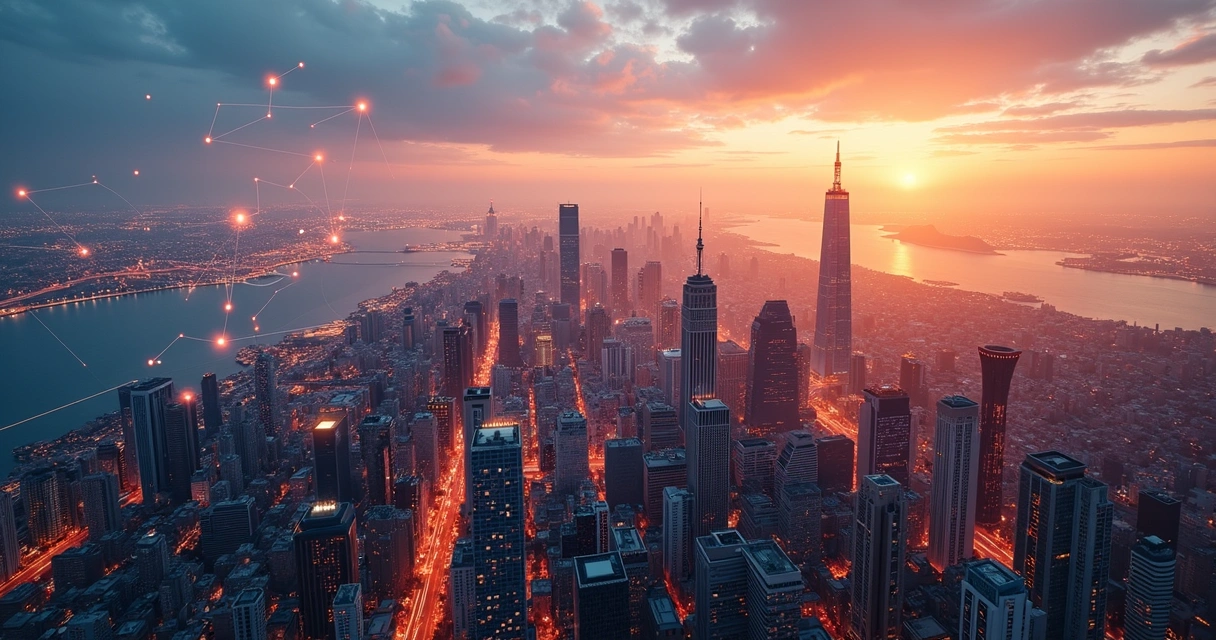 Vista panorâmica de cidade com elementos digitais sobrepostos 