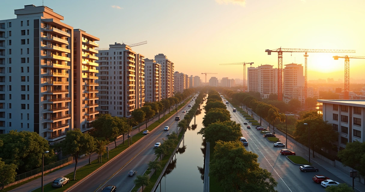 Panorama da área urbana em Paulínia com edifícios residenciais e comerciais modernos ao entardecer 