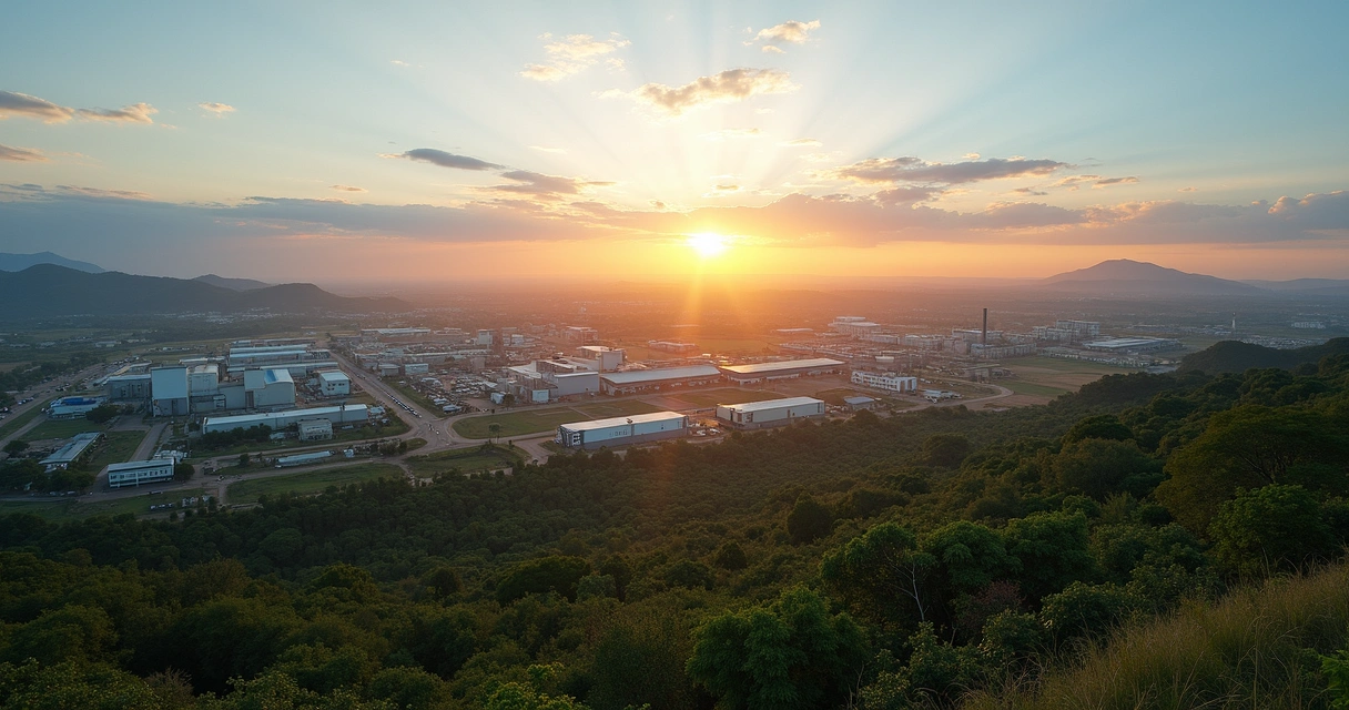 Vista panorâmica da área industrial de Paulínia ao entardecer com prédios, chaminés e áreas verdes ao redor 