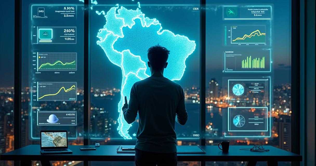 Profissional de tecnologia observa gráficos salariais em mapa do Brasil digital 
