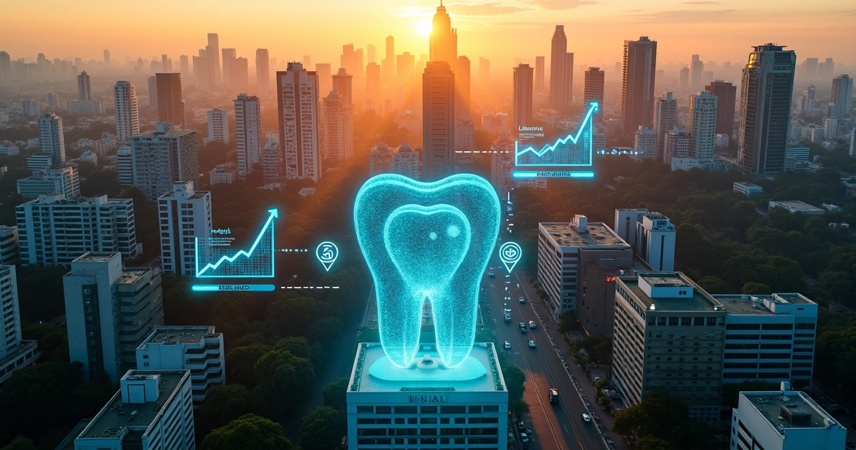 Vista aérea de São Paulo com ícones digitais ligados a uma região de clínicas odontológicas 