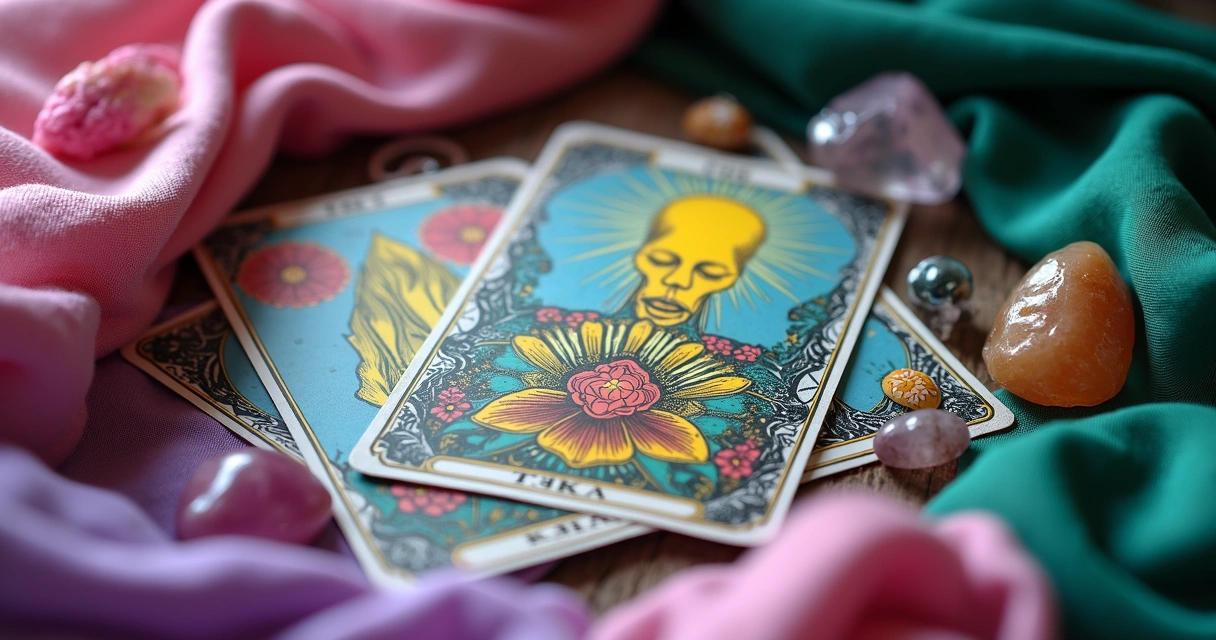 Cartas de tarot sobre panos coloridos com cristais ao redor 