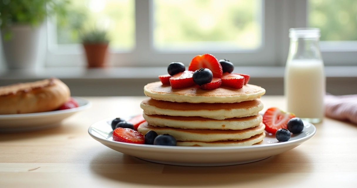 Panqueca de whey protein com frutas em prato branco 