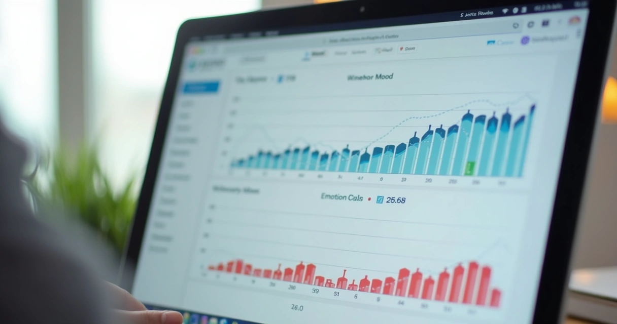 Pantalla de computadora mostrando gráficos de emociones y entradas de bitácora digital