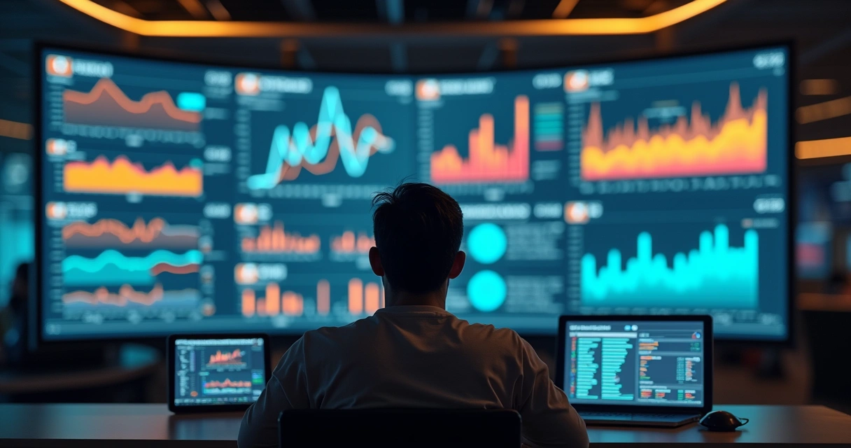 Persona frente a una pantalla digital rodeada de gráficos y datos, pero el entorno físico fuera de la pantalla está borroso 