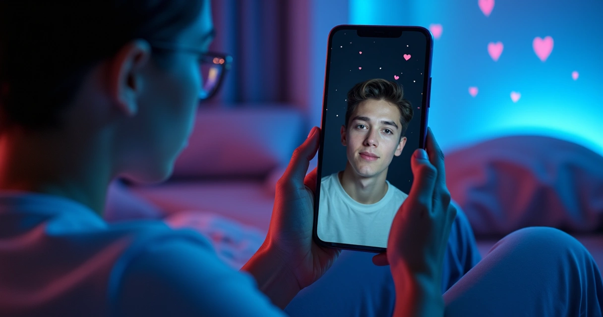 Joven mirando su reflejo en una pantalla de teléfono móvil