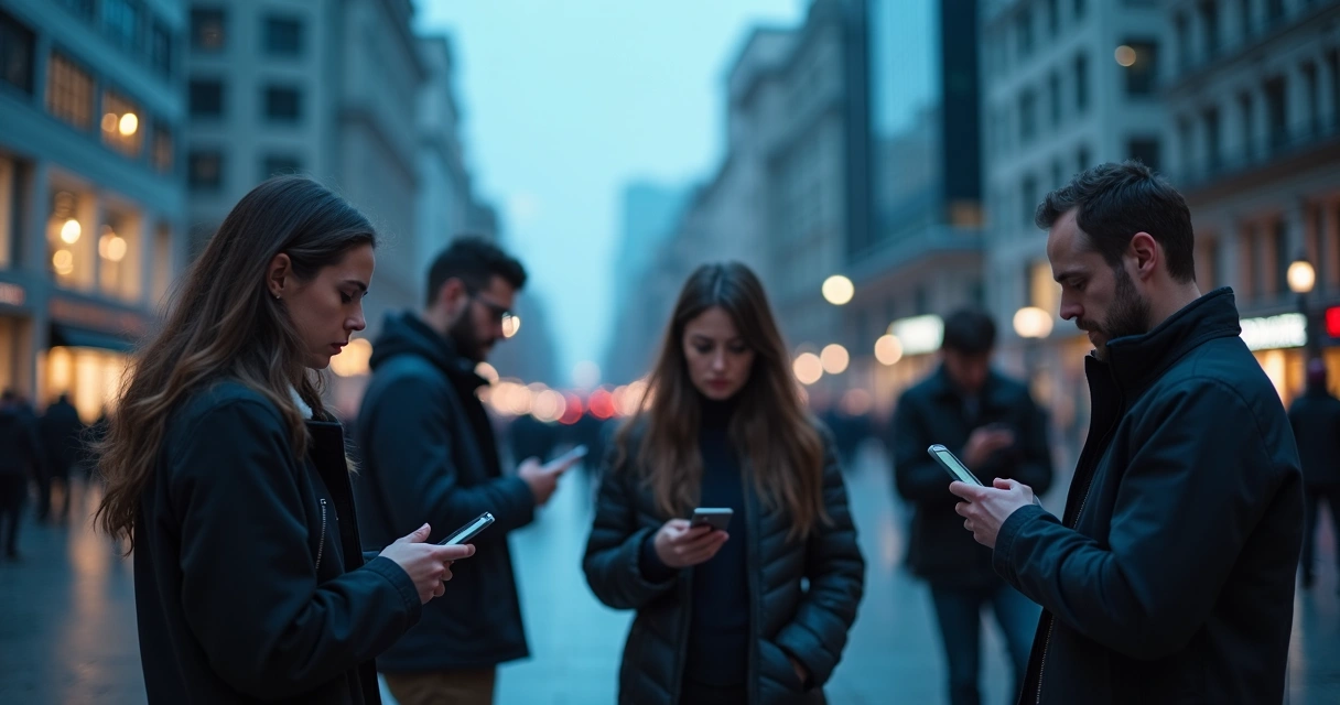 Personas mirando pantallas en un espacio urbano tenso