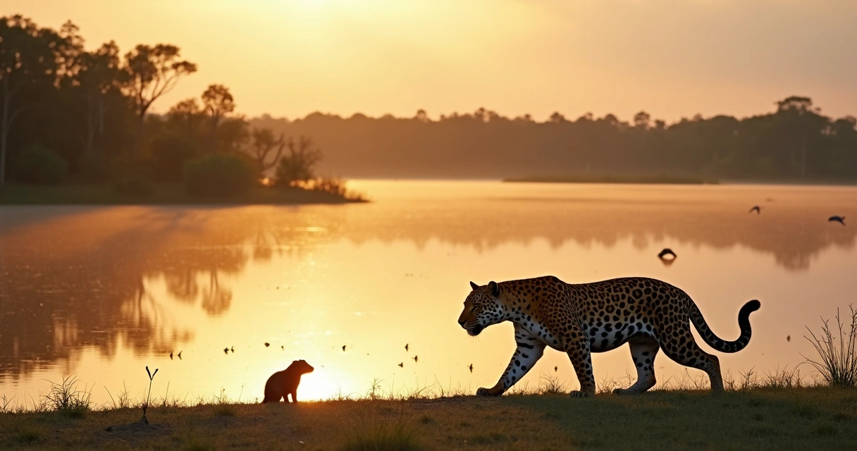 Onça-pintada próxima à água no Pantanal em paisagem alagada