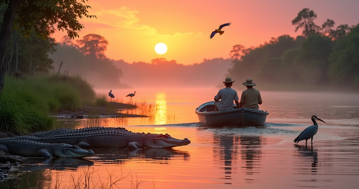 Barco no Pantanal ao pôr do sol com jacarés na beira d’água 