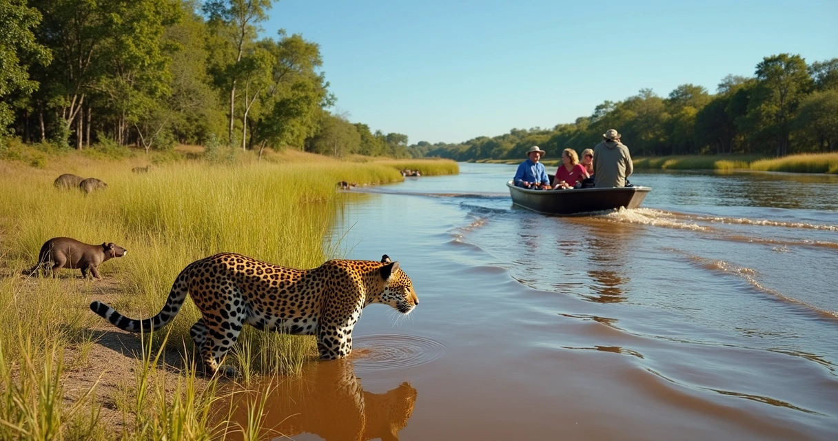 Barco faz safári no rio, com turistas observando onça-pintada na margem 