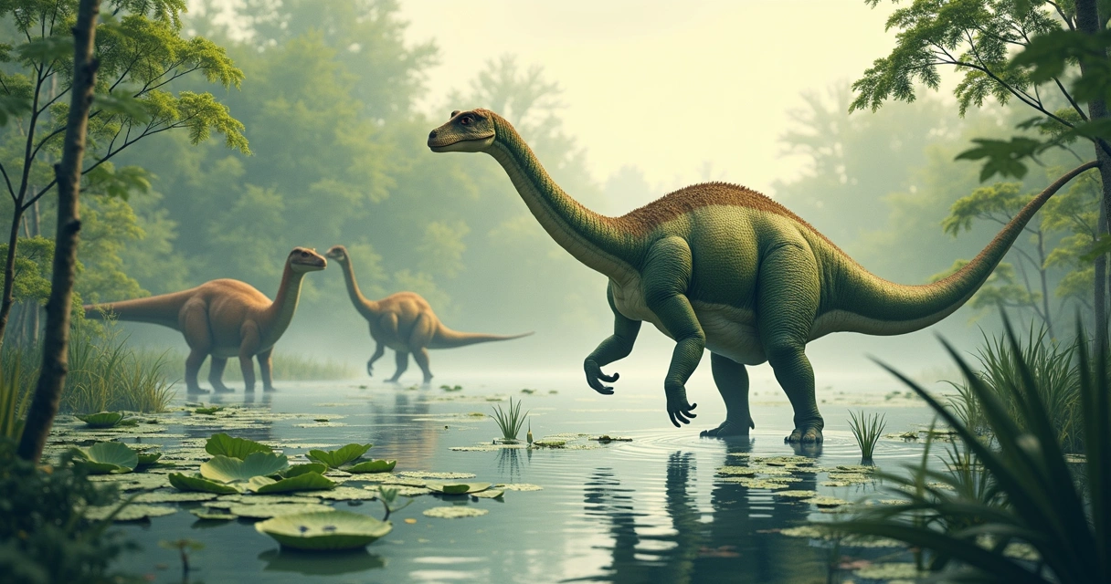 Pântano pré-histórico com dinossauros herbívoros e plantas aquáticas 