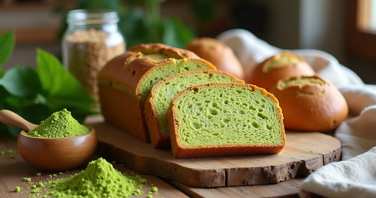 Pães caseiros com moringa em pó sobre mesa rústica de madeira 